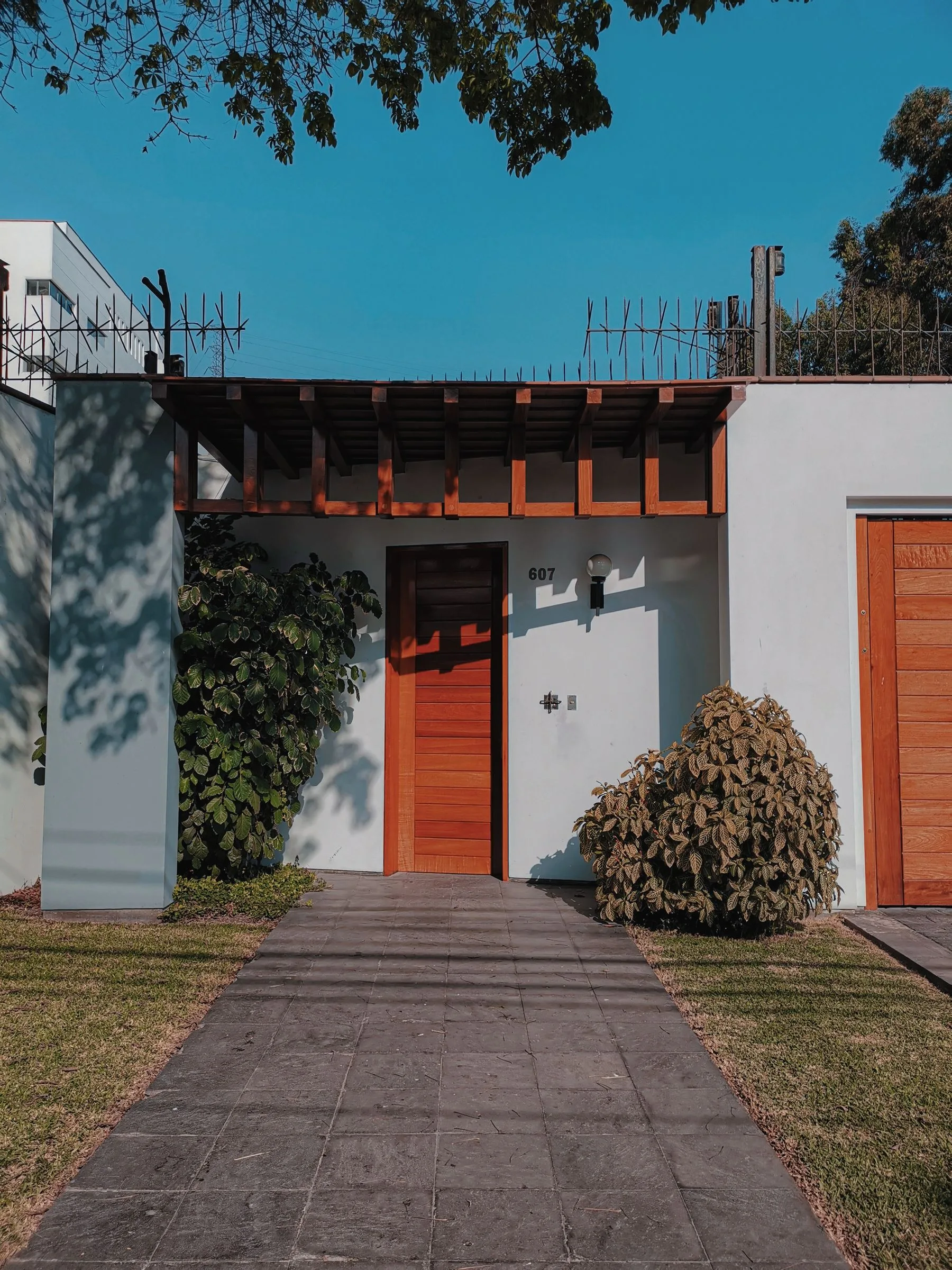 A welcoming home entrance surrounded by greenery