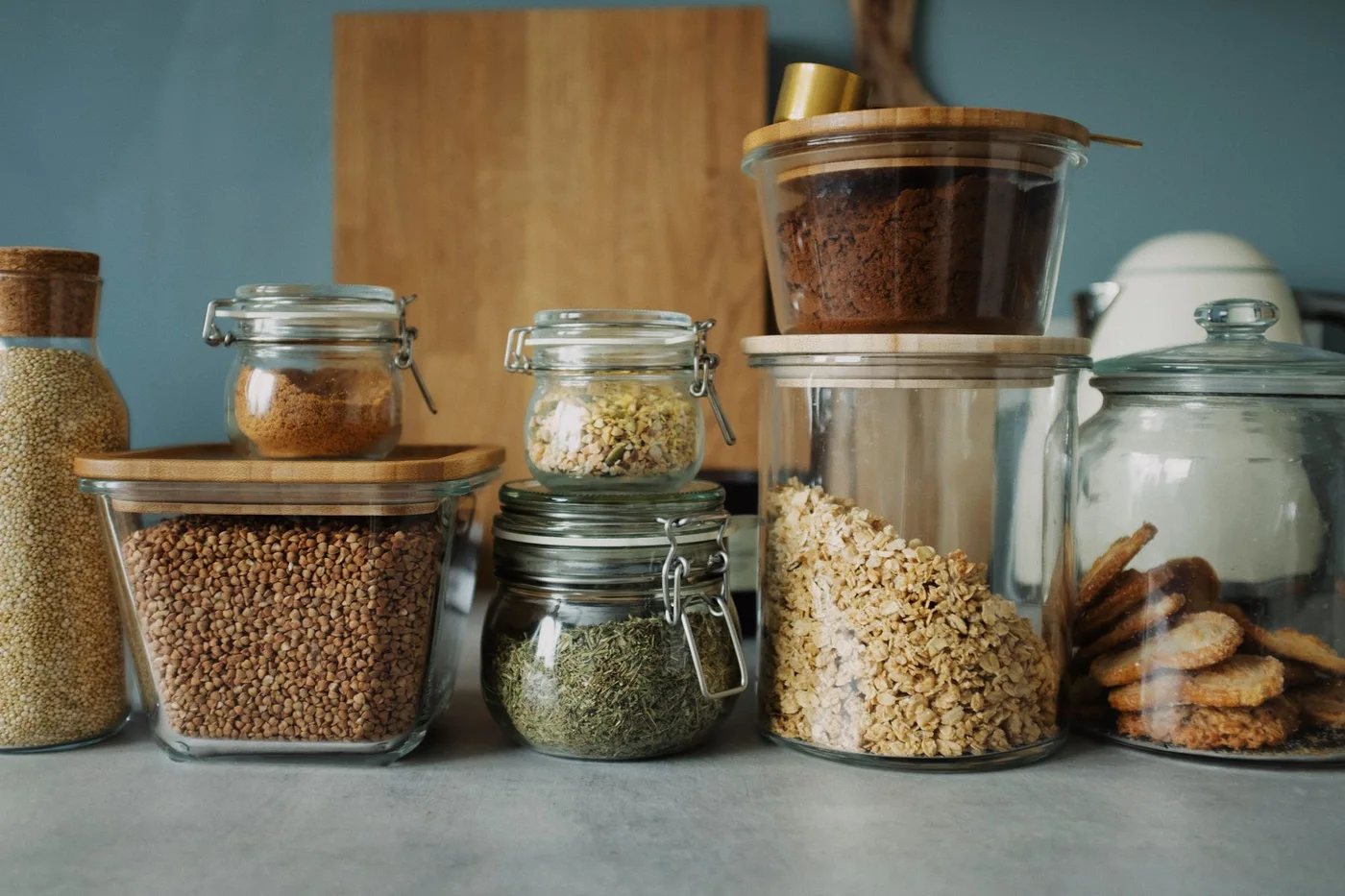Dry food stored in covered glass containers